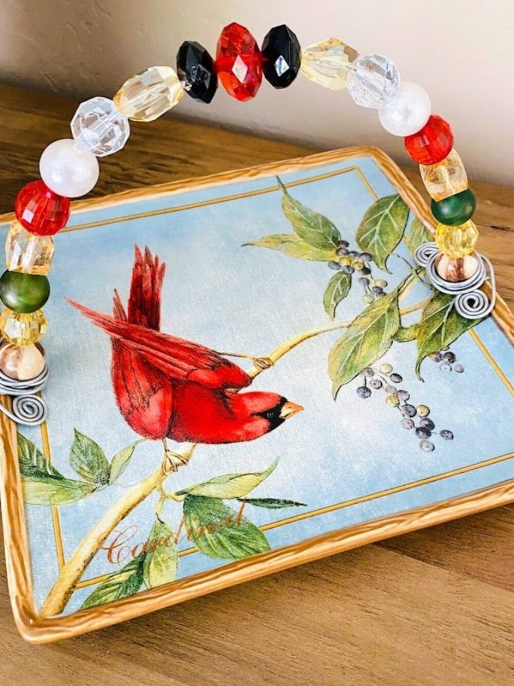 Certified International Cardinal Bird Ceramic Square Snack Tidbit Plate w/Handle